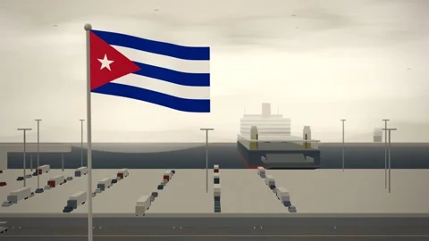 Cuba Flag Flying Over Ferry Terminal Linkspan Berth seamless loop Video stock 345803451