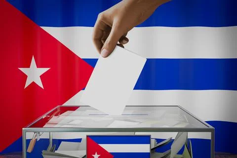 Cuba flag, hand dropping ballot card into a box - voting concept Stock-Illustration