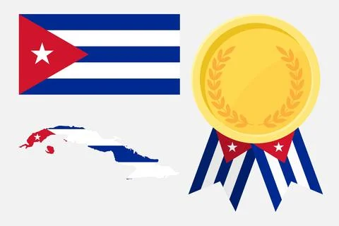 Cuba flag with map and gold medal in set for web and banners or app and games Stock Illustration