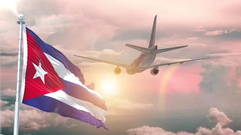 Cuba flag Waving Realistic With Sky Plane Takes Off At Sunrise Stock Footage 294597073