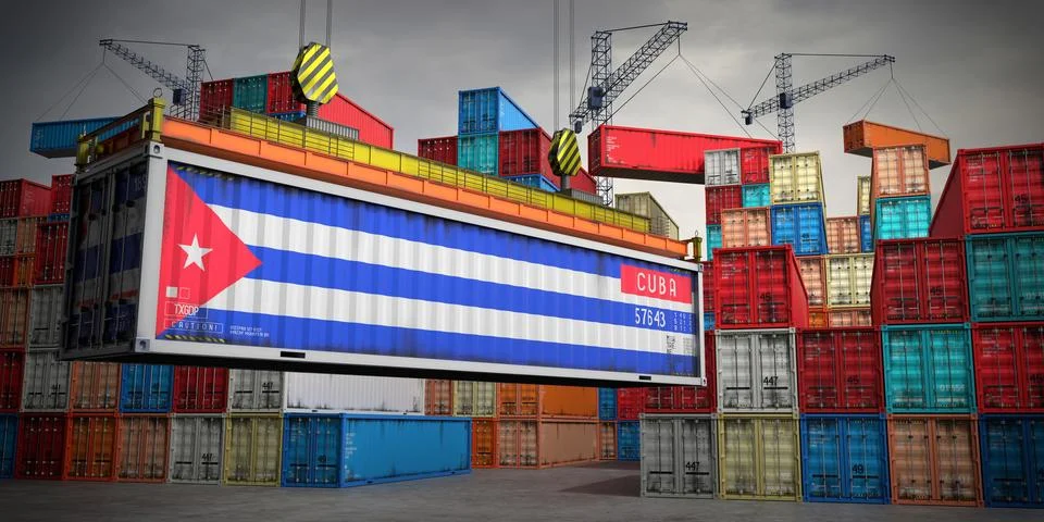 Cuba - freight container in cargo terminal - 3D illustration Stock Illustration