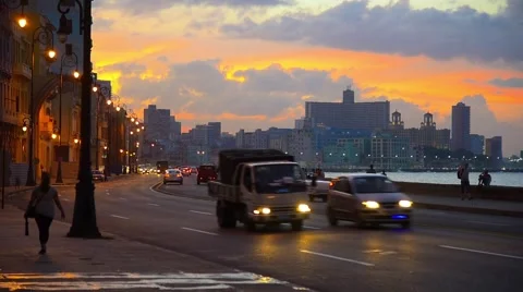 Cuba, Havana, Centro Habana, the Malecon, Vedado skyline (V00304.mp4) Stock Footage 60005341