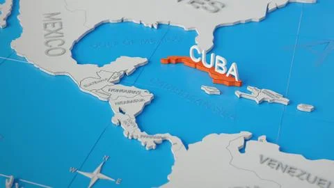 Cuba highlighted on a white simplified 3D world map. Digital 3D render. Stock Illustration