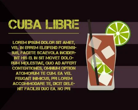 Cuba Libre cocktail with text description. Modern design. On stylish Cuba flag Illustrazione stock