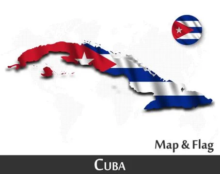 Cuba map and flag . Waving textile design . Dot world map background . Vector Stock Illustration