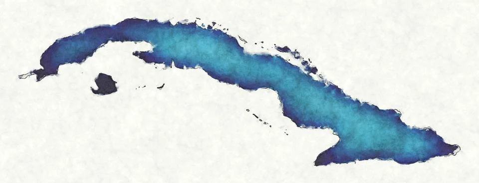 Cuba map with drawn lines and blue watercolor illustration Ilustração Stock