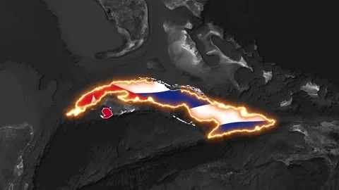 Cuba map glowing with flag in animated motion over dark oceanographic footage Stock Footage 341644717