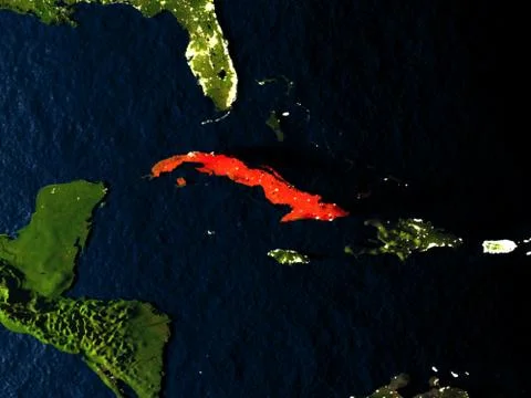 Cuba in red from space at night Illustrazione stock