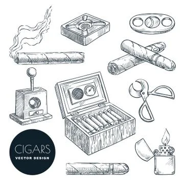 Cuban cigars and accessories vector vintage sketch illustration. Tobacco smok Stock-Illustration