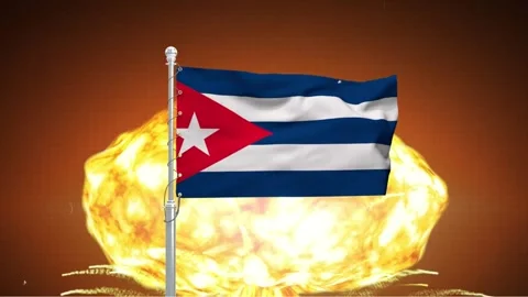 Cuban flag waving in front of large fiery nuclear explosion in background c.. Stock Footage 341868503