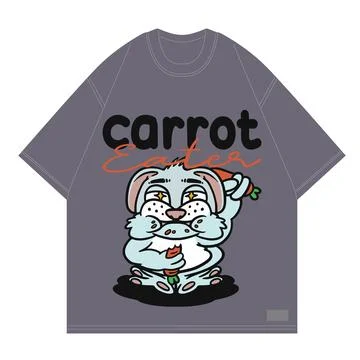 Cubby cartoon rabbit character loves eating carrots for playful merch print Stock Illustration
