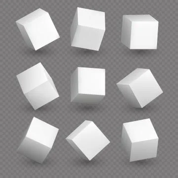 Cube 3d models in perspective. Realistic white blank cubes with shadows isolated Stock Illustration