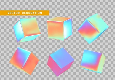 Cube 3d render, objects with gradient holographic color of hologram. Geometri Stock Illustration