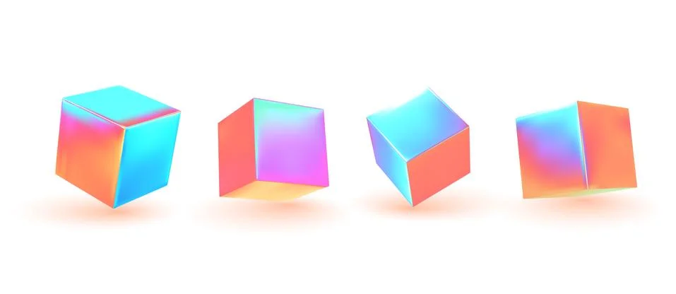 Cube 3d render, objects with gradient holographic color of hologram. Geometri Stock Illustration