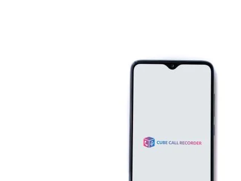 Cube ACR app launch screen with logo on the display of a black mobile smartph Stock Photos