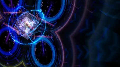 Cube and atom energy moving and quantum futuristic technology computer with d Stock Illustration
