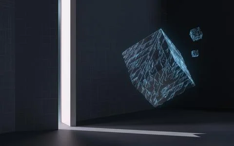 Cube and door, science and technology, 3d rendering. Stock Illustration