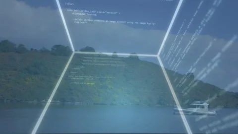Cube appearing over lake, rotating and streaming code lines, enlarging to Stock Footage 333426093