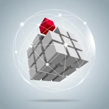 Cube assembled of blocks,puzzle blocks, one of which is red. Stock Illustration