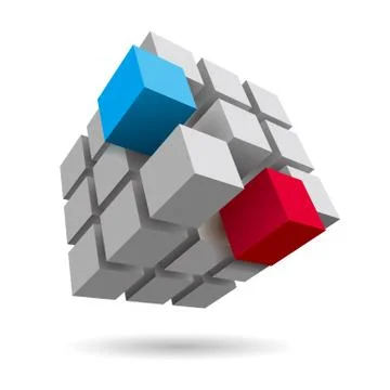 Cube assembled of blocks,puzzle blocks, two of which is blue and red. Stock Illustration