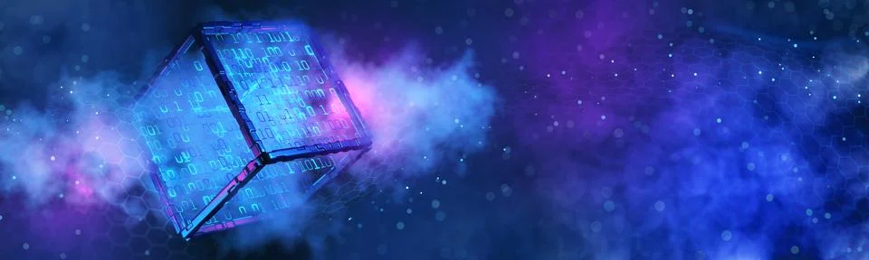 Cube with binary code. Abstract technical background. Data block. Big data... 스톡 일러스트