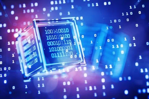 Cube with binary code. Abstract technical background. Data block. Big data... イラスト素材