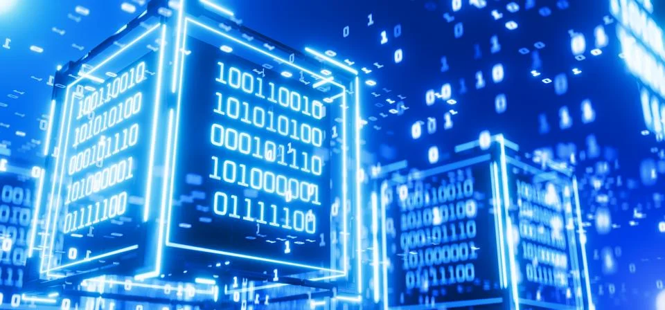 Cube with binary code. Hacker attack. Data block. Blockchain . Artificial I.. Illustrazione stock