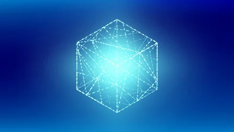 Cube box isometric wireframe polygon bokeh light frame structure, Blockchain Stock Footage 95816328