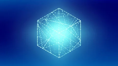 Cube box zoom in moving isometric wireframe polygon bokeh light frame Video stock 95816401