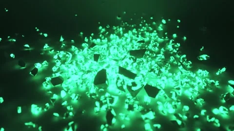A cube of bright glowing stone shatters into thousands of small pieces in slow Stock Footage 142089042
