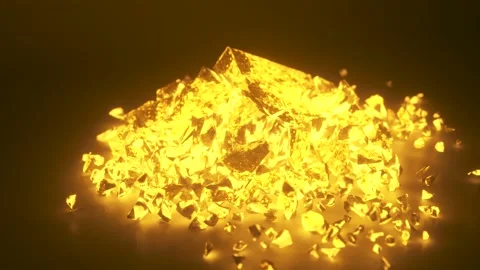 A cube of bright glowing stone shatters into thousands of small pieces in slow Stock Footage 142089053