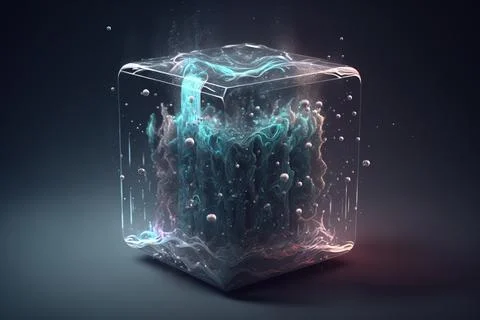 A cube with bubbles and water inside of it on a black background with a blu.. Stock Illustration