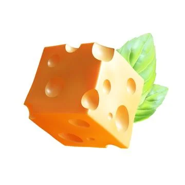 Cube of cheese with basil leaves Stock Illustration