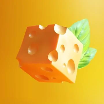Cube of cheese with basil leaves Stock Illustration