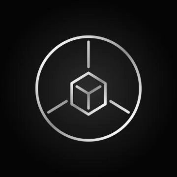 Cube in circle outline silver icon. Vector AR line sign Stock Illustration