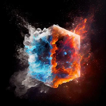 A cube in the clash of ice and fire on black background. Stock Illustration