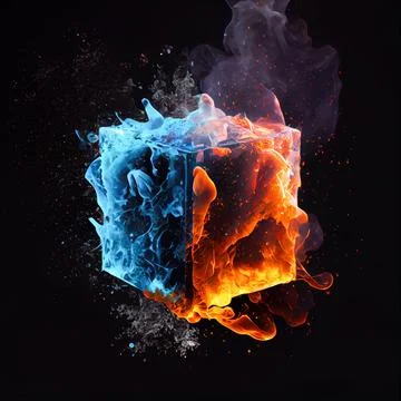 A cube in the clash of ice and fire on black background. Stock Illustration