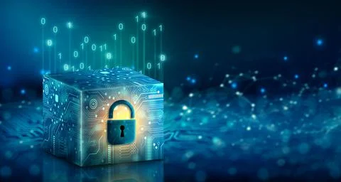 Cube computing technology with padlock. Cloud data and Internet Security. Illustrazione stock