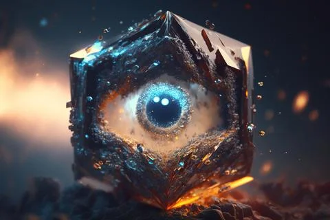 A cube with an eye inside of it on a rock surface with a sky background cin.. Illustrazione stock