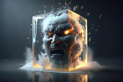 A cube with a face and flames coming out of it with a man's face in the mid.. Illustrazione stock