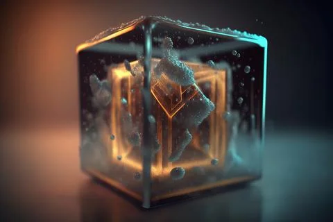 A cube with a figure inside of it on a table with water droplets on it octa.. Stock Illustration
