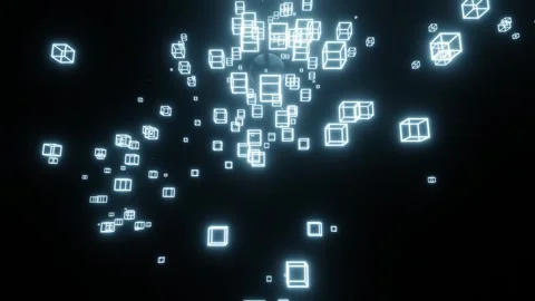 Cube flying animation on a black background.Cold colored cubes fly and disappear Stock Footage 300653978