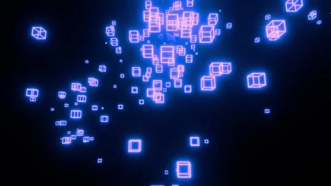 Cube flying animation on a black background.Neon colored cubes fly and disappear Stock Footage 300655381