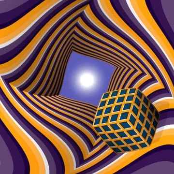 Cube flying to the sun through a tunnel. Abstract vector illustration Stock Illustration