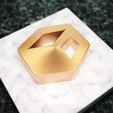 Cube icon. Bronze Cube symbol on white marble podium. Illustrazione stock