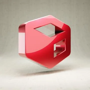 Cube icon. Red glossy metallic Cube symbol isolated on white concrete backgro 스톡 일러스트