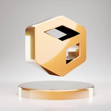 Cube icon. Yellow Gold Cube symbol on golden podium. Illustrazione stock