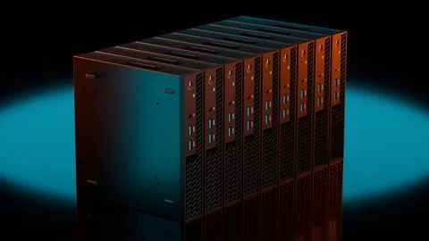 Cube ISP server block with orange and cyan glow on black background Stock Illustration