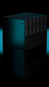 Cube of ISP servers with blue glow isolated on black 스톡 일러스트