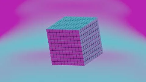 The cube, with its holographic texture, appears to float and rotate, showcasi 库存插图